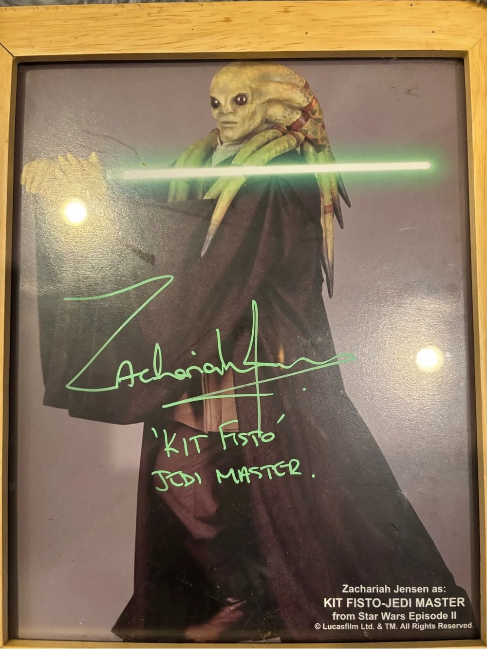 Framed signed Star Wars Kit Fisto Poster in Light Wood Frame - Green Accents
